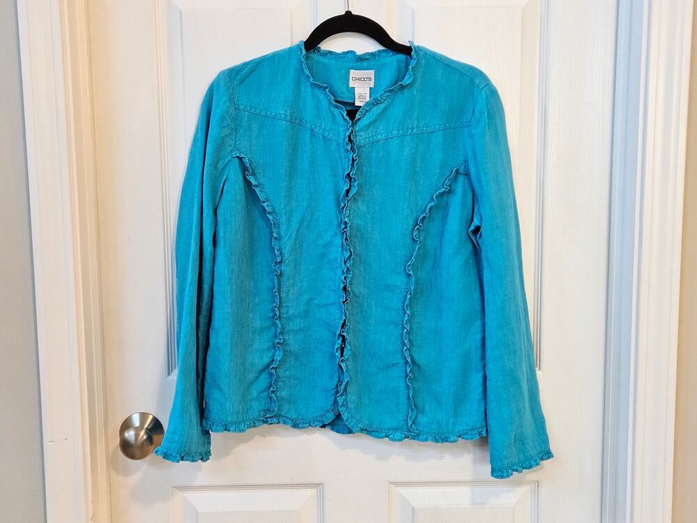 Chicos Linen Jacket Womens Size 1 Turquoise Blue Ruffle Trim Open Front Boho